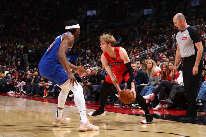 TORONTO, CANADA - MARCH 27: Gradey Dick #1 of the Toronto Raptors dribbles the ball during the game against the New York Knicks on March 27, 2024 at the Scotiabank Arena in Toronto, Ontario, Canada.  NOTE TO USER: User expressly acknowledges and agrees that, by downloading and or using this Photograph, user is consenting to the terms and conditions of the Getty Images License Agreement.  Mandatory Copyright Notice: Copyright 2024 NBAE (Photo by Vaughn Ridley/NBAE via Getty Images)