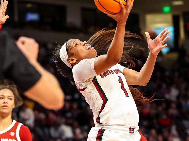 Jan 22, 2023; Columbia, South Carolina, USA; South Carolina Gamecocks guard Zia Cooke (1) attempts an over the shoulder shot after being fouled against the Arkansas Razorbacks in the first half at Colonial Life Arena. Mandatory Credit: Jeff Blake-USA TODAY Sports