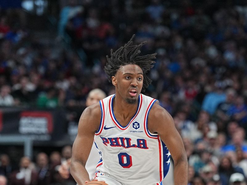 DALLAS, TX - MARCH 3: Tyrese Maxey #0 of the Philadelphia 76ers dribbles the ball during the game against the Dallas Mavericks on March 3, 2024 at the American Airlines Center in Dallas, Texas. NOTE TO USER: User expressly acknowledges and agrees that, by downloading and or using this photograph, User is consenting to the terms and conditions of the Getty Images License Agreement. Mandatory Copyright Notice: Copyright 2024 NBAE (Photo by Glenn James/NBAE via Getty Images)