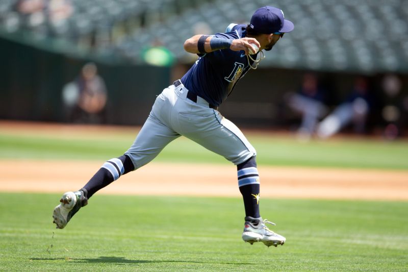 Aug 22, 2024; Oakland, California, USA; Tampa Bay Rays third baseman José Caballero (7) makes a throw to first base during the fourth inning at Oakland-Alameda County Coliseum. Mandatory Credit: D. Ross Cameron-USA TODAY Sports