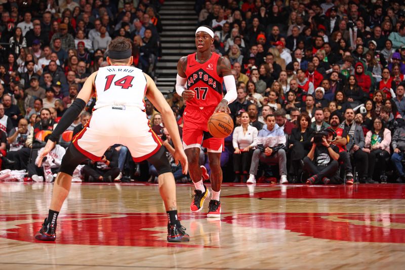 TORONTO, CANADA - JANUARY 17: Dennis Schroder #17 of the Toronto Raptors dribbles the ball during the game against the Miami Heat on January 17, 2024 at the Scotiabank Arena in Toronto, Ontario, Canada.  NOTE TO USER: User expressly acknowledges and agrees that, by downloading and or using this Photograph, user is consenting to the terms and conditions of the Getty Images License Agreement.  Mandatory Copyright Notice: Copyright 2024 NBAE (Photo by Vaughn Ridley/NBAE via Getty Images)