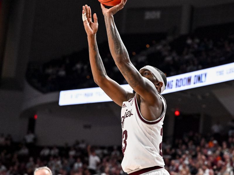 Feb 7, 2023; College Station, Texas, USA;  Texas A&M Aggies guard Tyrece Radford (23) shoots a three pointer during the second half against the Auburn Tigers at Reed Arena. Mandatory Credit: Maria Lysaker-USA TODAY Sports