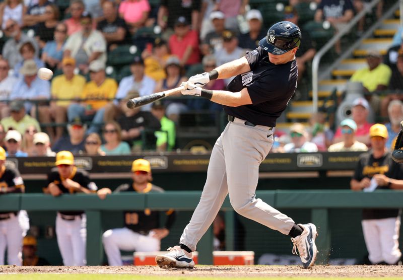 Mar 24, 2024; Bradenton, Florida, USA;  New York Yankees infielder John  VanMeter (19) doubles during the fourth inning against the Pittsburgh Pirates at LECOM Park. Mandatory Credit: Kim Klement Neitzel-USA TODAY Sports