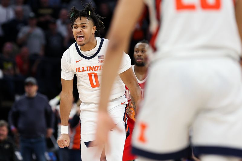 Mar 15, 2024; Minneapolis, MN, USA; Illinois Fighting Illini guard Terrence Shannon Jr. (0) celebrates after forcing a turnover during the second half at Target Center. Mandatory Credit: Matt Krohn-USA TODAY Sports