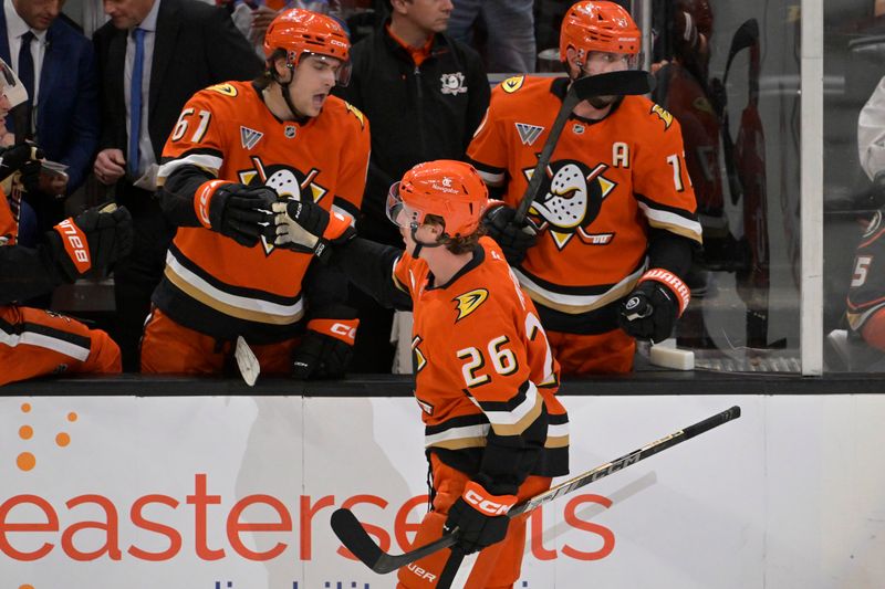 Nov 3, 2024; Anaheim, California, USA;  Anaheim Ducks left wing Cutter Gauthier (61) congratulates left wing Brock McGinn (26) celebrates after scoring a goal in the third period against the Chicago Blackhawks at Honda Center. Mandatory Credit: Jayne Kamin-Oncea-Imagn Images