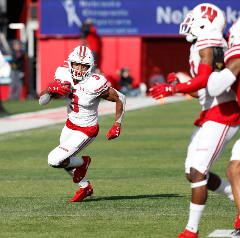 Nov 16, 2019; Lincoln, NE, USA; Wisconsin Badgers wide receiver Kendric Pryor (3) runs against the Nebraska Cornhuskers in the second half at Memorial Stadium. Mandatory Credit: Bruce Thorson-USA TODAY Sports