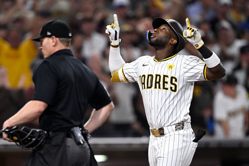 Jun 25, 2024; San Diego, California, USA; San Diego Padres left fielder Jurickson Profar (10) celebrates after hitting a grand slam home run against the Washington Nationals during the sixth inning at Petco Park. Mandatory Credit: Orlando Ramirez-USA TODAY Sports