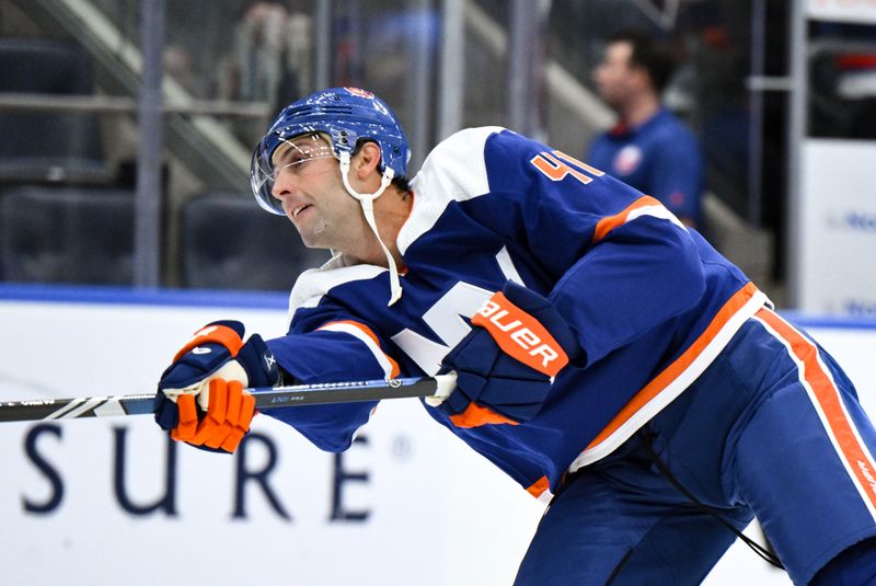 Dec 9, 2023; Elmont, New York, USA; New York Islanders defenseman Robert Bortuzzo (41) warms up before a game against the Los Angeles Kings at UBS Arena. Mandatory Credit: John Jones-USA TODAY Sports