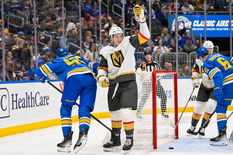 Nov 15, 2025; St. Louis, Missouri, USA; Vegas Golden Knights right wing Braeden Bowman (42) reacts after scoring against the St. Louis Blues during the first period at Enterprise Center. Mandatory Credit: Jeff Curry-Imagn Images