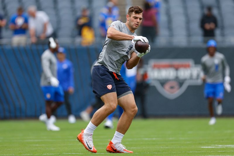 Chicago Bears tight end Cole Kmet (85) warms up prior to an NFL football game against the Los Angeles Rams, Sunday, Sept. 29, 2024, in Chicago. (AP Photo/Kamil Krzaczynski)