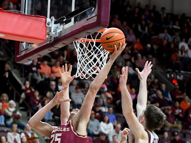 Feb 14, 2026; Blacksburg, Virginia, USA;  Florida State Seminoles forward Alex Steen (25) shoots as Virginia Tech Hokies guard Neoklis Avdalas (17) defends during the first half at Cassell Coliseum. Mandatory Credit: Brian Bishop-Imagn Images