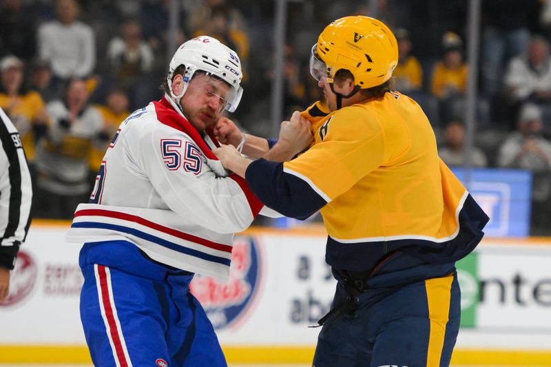 Apr 6, 2025; Nashville, Tennessee, USA; Nashville Predators defenseman Andreas Englund (8) and Montreal Canadiens left wing Michael Pezzetta (55) exchange blows during the first period at Bridgestone Arena. Mandatory Credit: Steve Roberts-Imagn Images