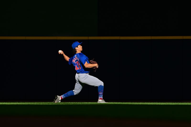 May 29, 2024; Milwaukee, Wisconsin, USA; Chicago Cubs starting pitcher Shota Imanaga (18) warms up before game against the Milwaukee Brewers at American Family Field. Mandatory Credit: Benny Sieu-USA TODAY Sports