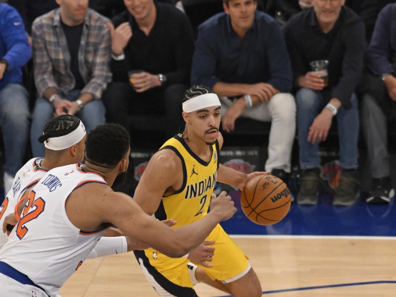 NEW YORK, NY - MAY 23: Andrew Nembhard #2 of the Indiana Pacers drives to the basket during the game against the New York Knicks during Game Two of the 2025 Eastern Conference Finals on May 23, 2025 at Madison Square Garden in New York City, New York.  NOTE TO USER: User expressly acknowledges and agrees that, by downloading and or using this photograph, User is consenting to the terms and conditions of the Getty Images License Agreement. Mandatory Copyright Notice: Copyright 2025 NBAE  (Photo by David Dow/NBAE via Getty Images)