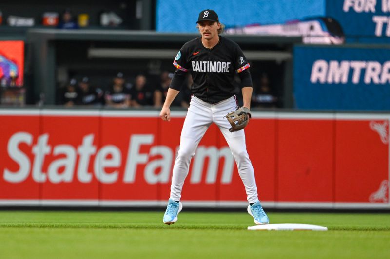 Jun 29, 2024; Baltimore, Maryland, USA;  Baltimore Orioles shortstop Gunnar Henderson (2) looks to home plate during a second inning pitch against the Texas Rangers at Oriole Park at Camden Yards. Mandatory Credit: Tommy Gilligan-USA TODAY Sports