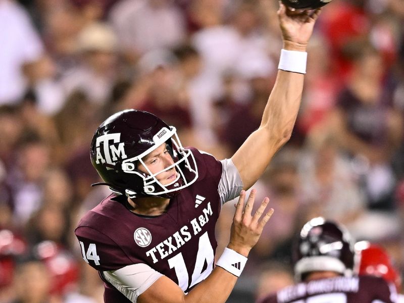 Sep 2, 2023; College Station, Texas, USA; Texas A&M Aggies quarterback Max Johnson (14) throws the ball during the fourth quarter against New Mexico Lobos at Kyle Field. Mandatory Credit: Maria Lysaker-USA TODAY Sports