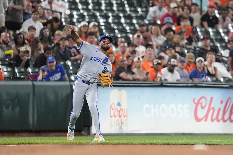 May 3, 2025; Baltimore, Maryland, USA; Kansas City Royals third baseman Maikel Garcia (11) throws out Baltimore Orioles third baseman Emmanuel Rivera (26) (not pictured) after fielding a ground ball during the second inning at Oriole Park at Camden Yards. Mandatory Credit: Gregory Fisher-Imagn Images
