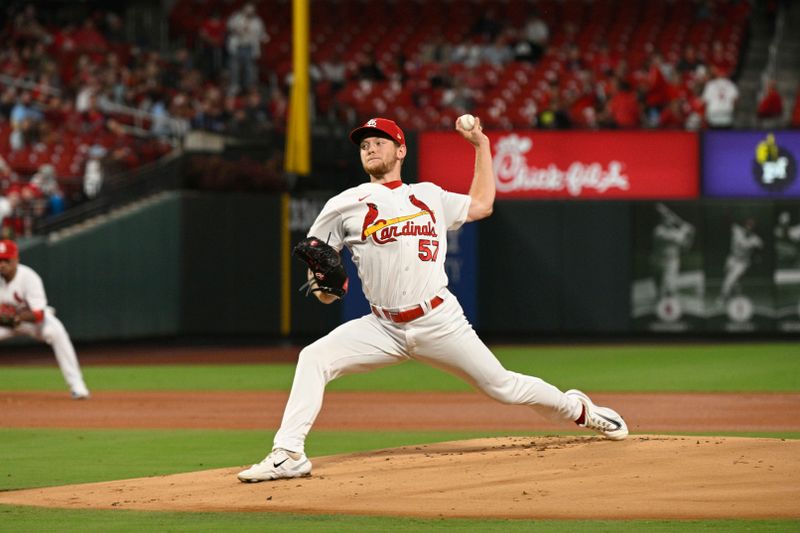 Sep 20, 2023; St. Louis, Missouri, USA; St. Louis Cardinals relief pitcher Zack Thompson (57) throws against the Milwaukee Brewers during the first inning at Busch Stadium. Mandatory Credit: Jeff Le-USA TODAY Sports