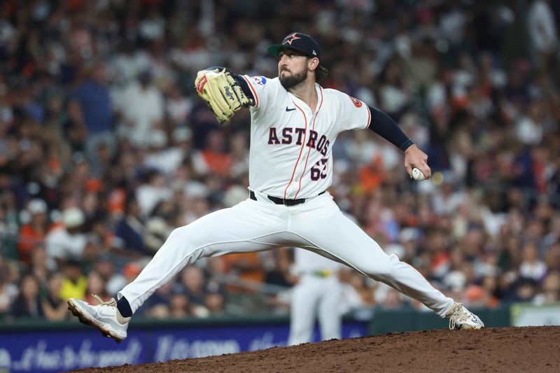 Jul 26, 2025; Houston, Texas, USA; Houston Astros relief pitcher Bennett Sousa (62) delivers a pitch during the sixth inning against the Athletics at Daikin Park. Mandatory Credit: Troy Taormina-Imagn Images