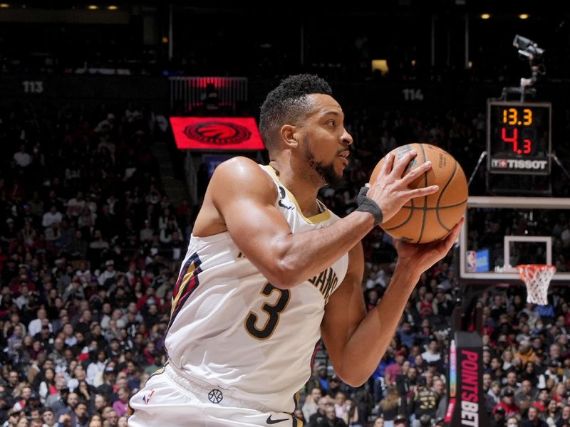 TORONTO, CANADA - FEBRUARY 23: CJ McCollum #3 of the New Orleans Pelicans looks to shoot the ball against the Toronto Raptors on February 23, 2023 at the Scotiabank Arena in Toronto, Ontario, Canada.  NOTE TO USER: User expressly acknowledges and agrees that, by downloading and or using this Photograph, user is consenting to the terms and conditions of the Getty Images License Agreement.  Mandatory Copyright Notice: Copyright 2023 NBAE (Photo by Mark Blinch/NBAE via Getty Images)