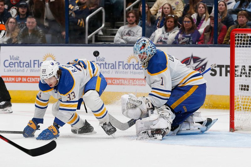 Feb 23, 2024; Columbus, Ohio, USA; Buffalo Sabres goalie Ukko-Pekka Luukkonen (1) makes a save against the Columbus Blue Jackets during the third period at Nationwide Arena. Mandatory Credit: Russell LaBounty-USA TODAY Sports