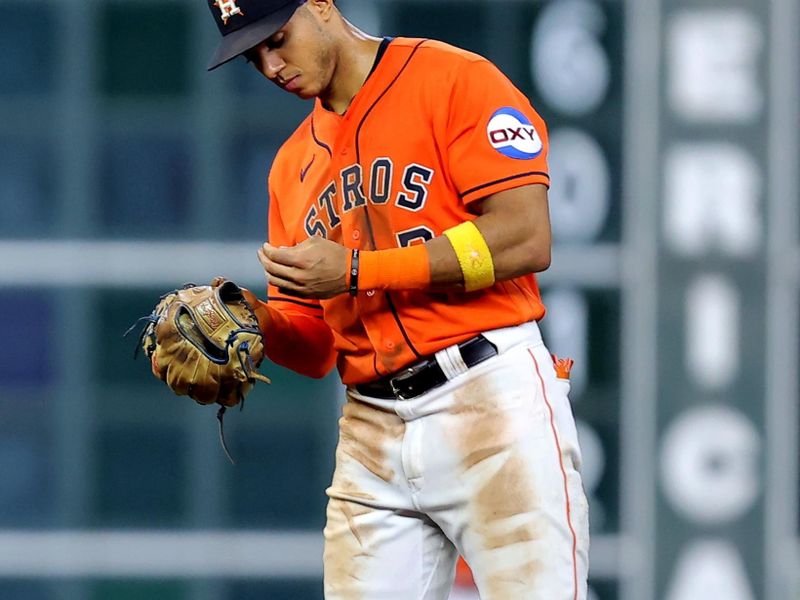 Sep 8, 2023; Houston, Texas, USA; Houston Astros shortstop Jeremy Pena (3) during a break against the San Diego Padres during the fourth inning at Minute Maid Park. Mandatory Credit: Erik Williams-USA TODAY Sports