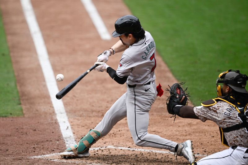 Jun 9, 2024; San Diego, California, USA; Arizona Diamondbacks Corbin Carroll hits a single during the eighth inning against the San Diego Padres at Petco Park. Mandatory Credit: Denis Poroy-USA TODAY Sports at Petco Park. 