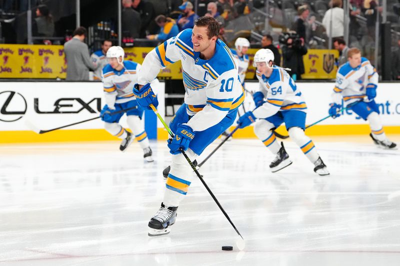Jan 10, 2026; Las Vegas, Nevada, USA; St. Louis Blues center Brayden Schenn (10) warms up before a game against the Vegas Golden Knights at T-Mobile Arena. Mandatory Credit: Stephen R. Sylvanie-Imagn Images