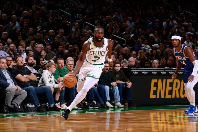 BOSTON, MA - OCTOBER 12: Jaylen Brown #7 of the Boston Celtics drives to the basket during the game against the Philadelphia 76ers during a NBA Preseason game on October 12, 2024 at TD Garden in Boston, Massachusetts. NOTE TO USER: User expressly acknowledges and agrees that, by downloading and/or using this Photograph, user is consenting to the terms and conditions of the Getty Images License Agreement. Mandatory Copyright Notice: Copyright 2024 NBAE (Photo by Brian Babineau/NBAE via Getty Images)