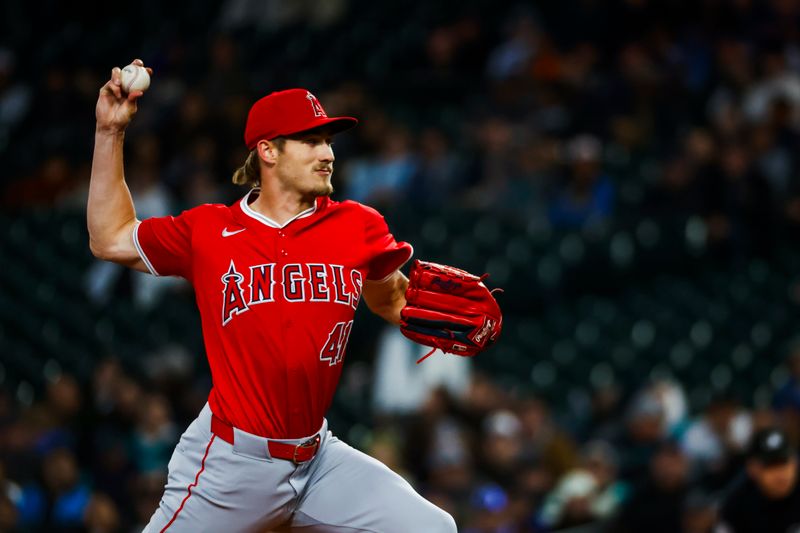 Apr 29, 2025; Seattle, Washington, USA; Los Angeles Angels starting pitcher Jack Kochanowicz (41) throws against the Seattle Mariners during the first inning at T-Mobile Park. Mandatory Credit: Joe Nicholson-Imagn Images