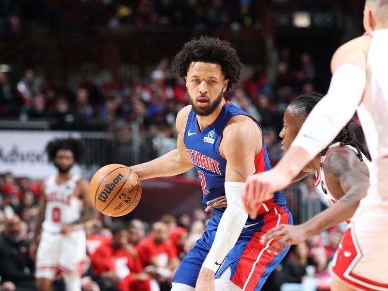 CHICAGO, IL - FEBRUARY 11: Cade Cunningham #2 of the Detroit Pistons dribbles the ball during the game against the Chicago Bulls on February 11, 2025 at United Center in Chicago, Illinois. NOTE TO USER: User expressly acknowledges and agrees that, by downloading and or using this photograph, User is consenting to the terms and conditions of the Getty Images License Agreement. Mandatory Copyright Notice: Copyright 2025 NBAE (Photo by Jeff Haynes/NBAE via Getty Images)