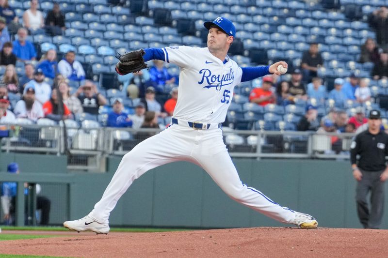 Apr 9, 2024; Kansas City, Missouri, USA; Kansas City Royals starting pitcher Cole Ragans (55) delivers a pitch against the Houston Astros in the first inning at Kauffman Stadium. Mandatory Credit: Denny Medley-USA TODAY Sports