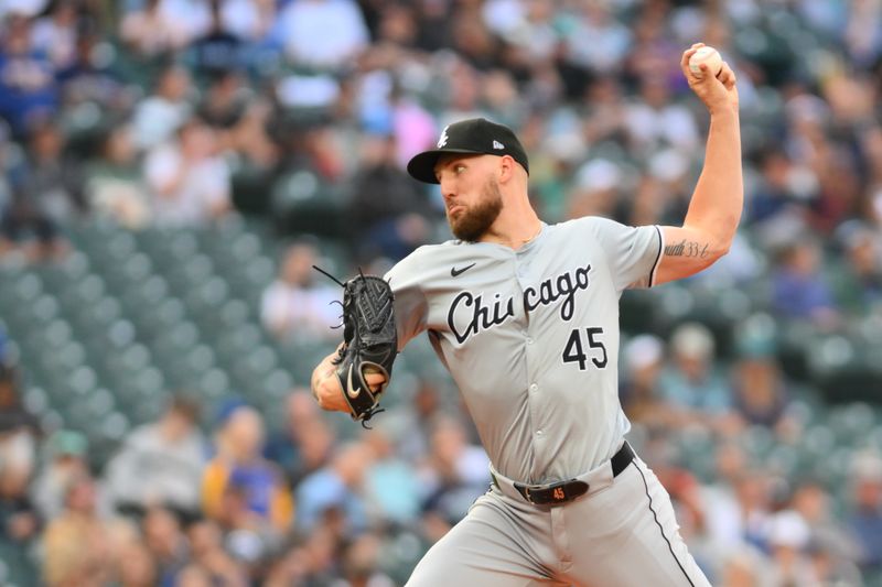 Jun 13, 2024; Seattle, Washington, USA; Chicago White Sox starting pitcher Garrett Crochet (45) pitches to the Seattle Mariners during the second inning at T-Mobile Park. Mandatory Credit: Steven Bisig-USA TODAY Sports