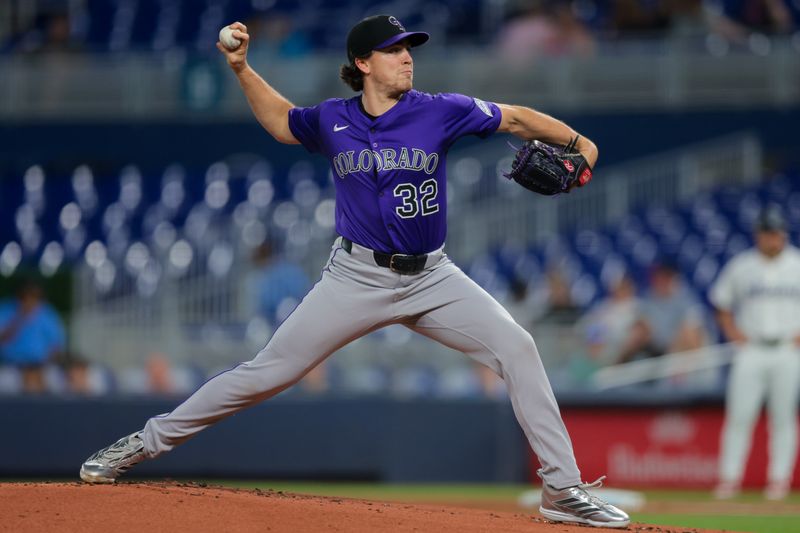 Jun 3, 2025; Miami, Florida, USA; Colorado Rockies starting pitcher Chase Dollander (32) delivers a pitch against the Miami Marlins during the first inning at loanDepot Park. Mandatory Credit: Sam Navarro-Imagn Images