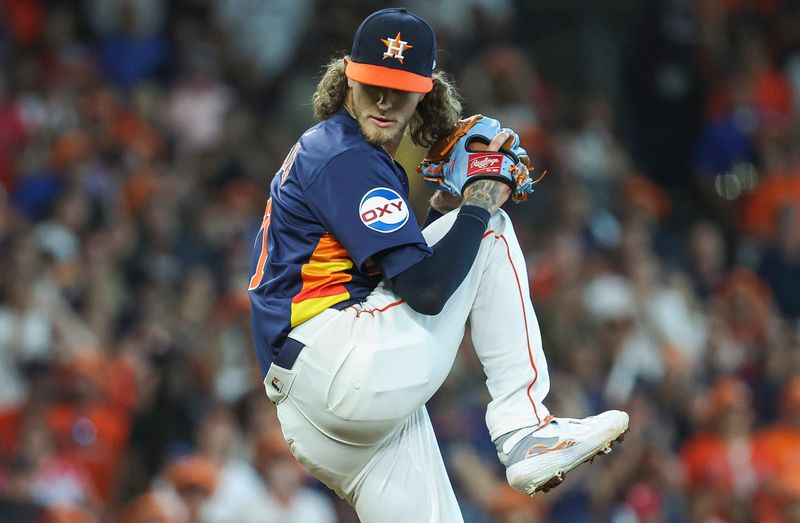 Apr 14, 2024; Houston, Texas, USA; Houston Astros pitcher Josh Hader (71) delivers a pitch during the ninth inning against the Texas Rangers at Minute Maid Park. Mandatory Credit: Troy Taormina-USA TODAY Sports