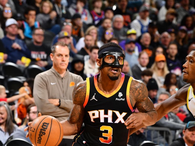 PHOENIX, AZ - FEBRUARY 8: Bradley Beal #3 of the Phoenix Suns handles the ball during the game against the Utah Jazz on February 8, 2024 at Footprint Center in Phoenix, Arizona. NOTE TO USER: User expressly acknowledges and agrees that, by downloading and or using this photograph, user is consenting to the terms and conditions of the Getty Images License Agreement. Mandatory Copyright Notice: Copyright 2024 NBAE (Photo by Barry Gossage/NBAE via Getty Images)