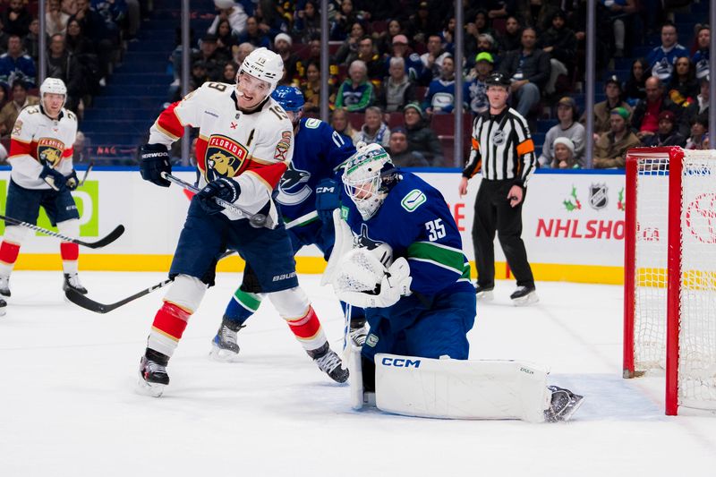 Dec 14, 2023; Vancouver, British Columbia, CAN; Florida Panthers forward Matthew Tkachuk (19) tips a shot on Vancouver Canucks goalie Thatcher Demko (35) in the first period at Rogers Arena. Mandatory Credit: Bob Frid-USA TODAY Sports