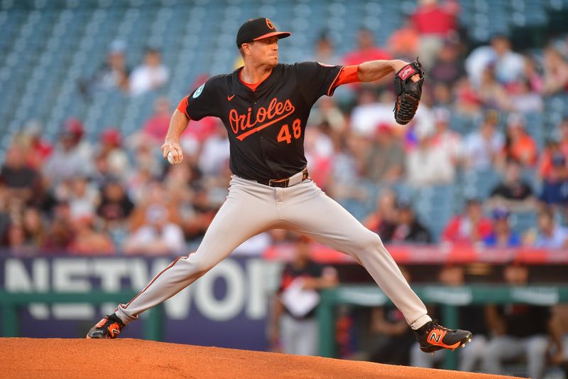 May 10, 2025; Anaheim, California, USA; Baltimore Orioles pitcher Kyle Gibson (48) throws against the Los Angeles Angels during the first inning at Angel Stadium. Mandatory Credit: Gary A. Vasquez-Imagn Images