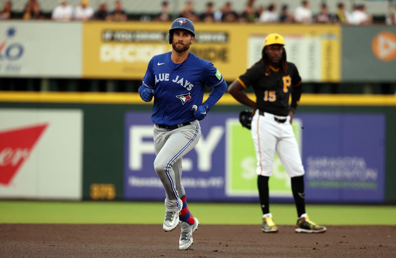 Mar 21, 2024; Bradenton, Florida, USA; Toronto Blue Jays center fielder Kevin Kiermaier (39) runs around the bases after he hit a run home run during the first inning against the Pittsburgh Pirates at LECOM Park. Mandatory Credit: Kim Klement Neitzel-USA TODAY Sports