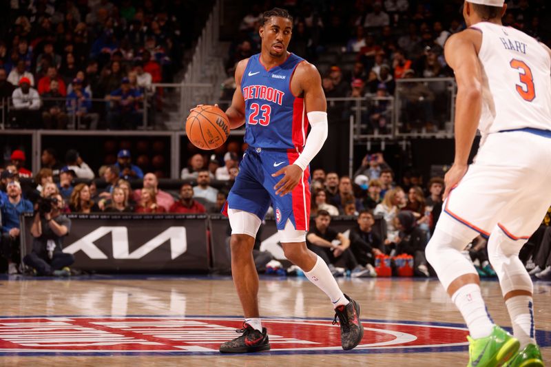 DETROIT, MI - NOVEMBER 1: Jaden Ivey #23 of the Detroit Pistons dribbles the ball during the game against the New York Knicks on November 1, 2024 at Little Caesars Arena in Detroit, Michigan. NOTE TO USER: User expressly acknowledges and agrees that, by downloading and/or using this photograph, User is consenting to the terms and conditions of the Getty Images License Agreement. Mandatory Copyright Notice: Copyright 2024 NBAE (Photo by Brian Sevald/NBAE via Getty Images)