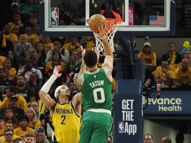 INDIANAPOLIS, IN - MAY 27: Jayson Tatum #0 of the Boston Celtics shoots the ball during the game against the Indiana Pacers during Game 4 of the Eastern Conference Finals of the 2024 NBA Playoffs on May 27, 2024 at Gainbridge Fieldhouse in Indianapolis, Indiana. NOTE TO USER: User expressly acknowledges and agrees that, by downloading and or using this Photograph, user is consenting to the terms and conditions of the Getty Images License Agreement. Mandatory Copyright Notice: Copyright 2024 NBAE (Photo by Ron Hoskins/NBAE via Getty Images)