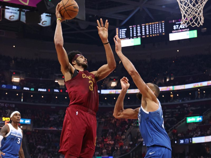 CLEVELAND, OH - March 8: Jarrett Allen #31 of the Cleveland Cavaliers drives to the basket during the game against the Minnesota Timberwolves on March 8, 2024 at Rocket Mortgage FieldHouse in Cleveland, Ohio. NOTE TO USER: User expressly acknowledges and agrees that, by downloading and/or using this Photograph, user is consenting to the terms and conditions of the Getty Images License Agreement. Mandatory Copyright Notice: Copyright 2024 NBAE (Photo by Lauren Leigh Bacho/NBAE via Getty Images)