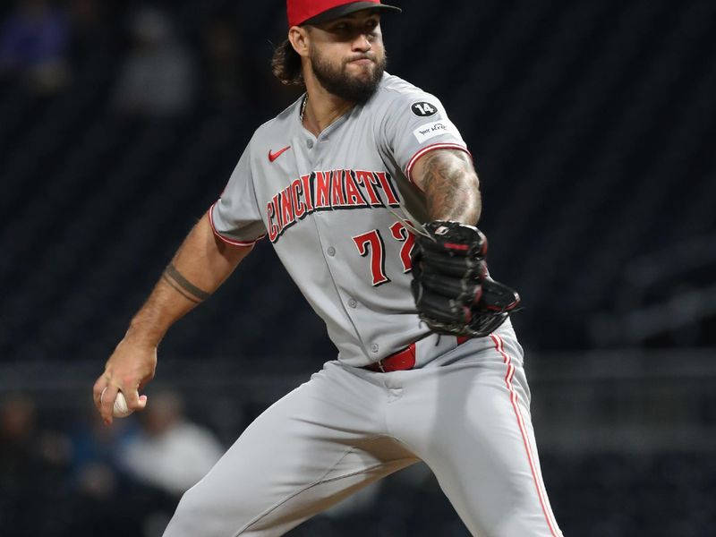 May 20, 2025; Pittsburgh, Pennsylvania, USA; Cincinnati Reds relief pitcher Lyon Richardson (72) pitches against the Pittsburgh Pirates during the eighth inning at PNC Park. Mandatory Credit: Charles LeClaire-Imagn Images