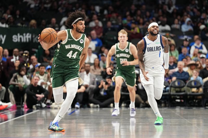 DALLAS, TX - OCTOBER 17: Andre Jackson Jr. #44 of the Milwaukee Bucks dribbles the ball during the game against the Dallas Mavericks during a NBA preseason game on October 17, 2024 at American Airlines Center in Dallas, Texas. NOTE TO USER: User expressly acknowledges and agrees that, by downloading and or using this photograph, User is consenting to the terms and conditions of the Getty Images License Agreement. Mandatory Copyright Notice: Copyright 2024 NBAE (Photo by Glenn James/NBAE via Getty Images)