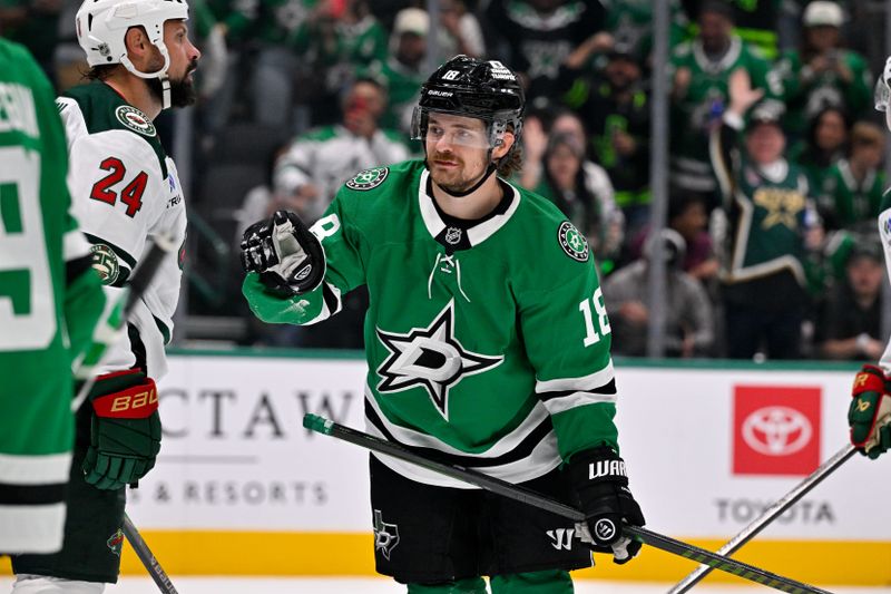 Oct 14, 2025; Dallas, Texas, USA; Dallas Stars center Sam Steel (18) celebrates a goal scored by center Matt Duchene (not pictured) during the second period against the Minnesota Wild at the American Airlines Center. Mandatory Credit: Jerome Miron-Imagn Images