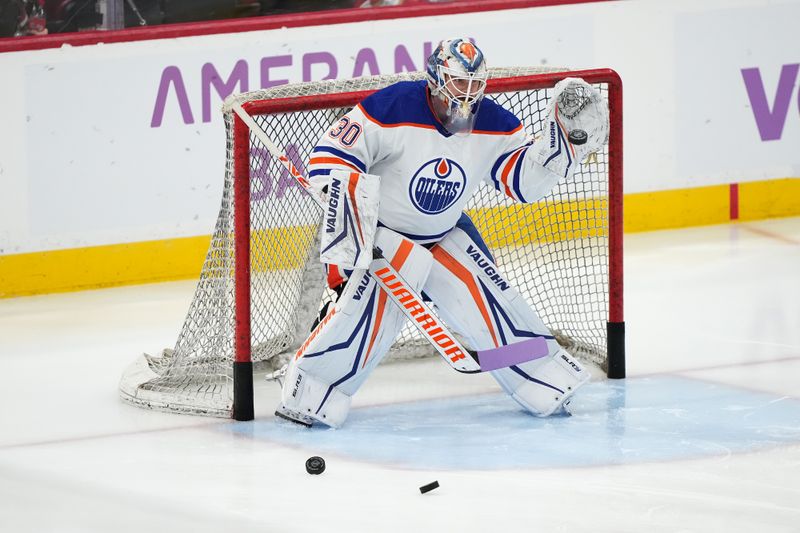 Nov 20, 2023; Sunrise, Florida, USA; Edmonton Oilers goaltender Calvin Pickard (30) warms up prior to the game against the Florida Panthers at Amerant Bank Arena. Mandatory Credit: Jasen Vinlove-USA TODAY Sports