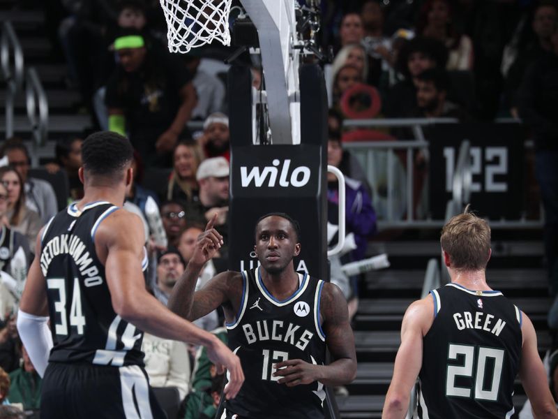 MILWAUKEE, WI - NOVEMBER 22:  Taurean Prince #12 of the Milwaukee Bucks looks on during the game against the Indiana Pacers during a Emirates NBA Cup on November 22, 2024 at Fiserv Forum Center in Milwaukee, Wisconsin. NOTE TO USER: User expressly acknowledges and agrees that, by downloading and or using this Photograph, user is consenting to the terms and conditions of the Getty Images License Agreement. Mandatory Copyright Notice: Copyright 2024 NBAE (Photo by Gary Dineen/NBAE via Getty Images).