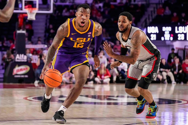 Feb 14, 2023; Athens, Georgia, USA; LSU Tigers forward KJ Williams (12) dribbles to the basket past Georgia Bulldogs forward Jailyn Ingram (15) during the first half at Stegeman Coliseum. Mandatory Credit: Dale Zanine-USA TODAY Sports