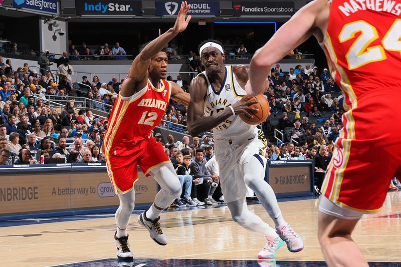 INDIANAPOLIS, IN - FEBRUARY 1: Pascal Siakam #43 of the Indiana Pacers drives to the basket during the game against the Atlanta Hawks on February 1, 2025 at Gainbridge Fieldhouse in Indianapolis, Indiana. NOTE TO USER: User expressly acknowledges and agrees that, by downloading and or using this Photograph, user is consenting to the terms and conditions of the Getty Images License Agreement. Mandatory Copyright Notice: Copyright 2025 NBAE (Photo by Ron Hoskins/NBAE via Getty Images)