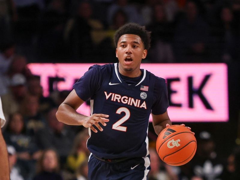 Jan 20, 2024; Atlanta, Georgia, USA; Virginia Cavaliers guard Reece Beekman (2) dribbles against the Georgia Tech Yellow Jackets in the first half at McCamish Pavilion. Mandatory Credit: Brett Davis-USA TODAY Sports